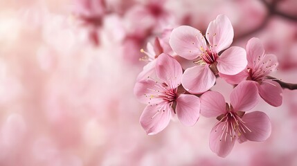 Naklejka premium Delicate pink cherry blossoms in full bloom on a branch bathed in soft sunlight create a serene sptime scene.