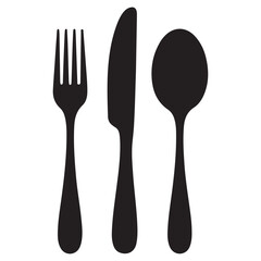 Set of fork, knife, spoon. Logotype menu. Set in flat style. Silhouette of cutlery. Vector Black illustration. with white background