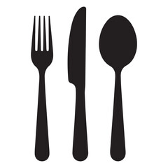 Set of fork, knife, spoon. Logotype menu. Set in flat style. Silhouette of cutlery. Vector Black illustration. with white background