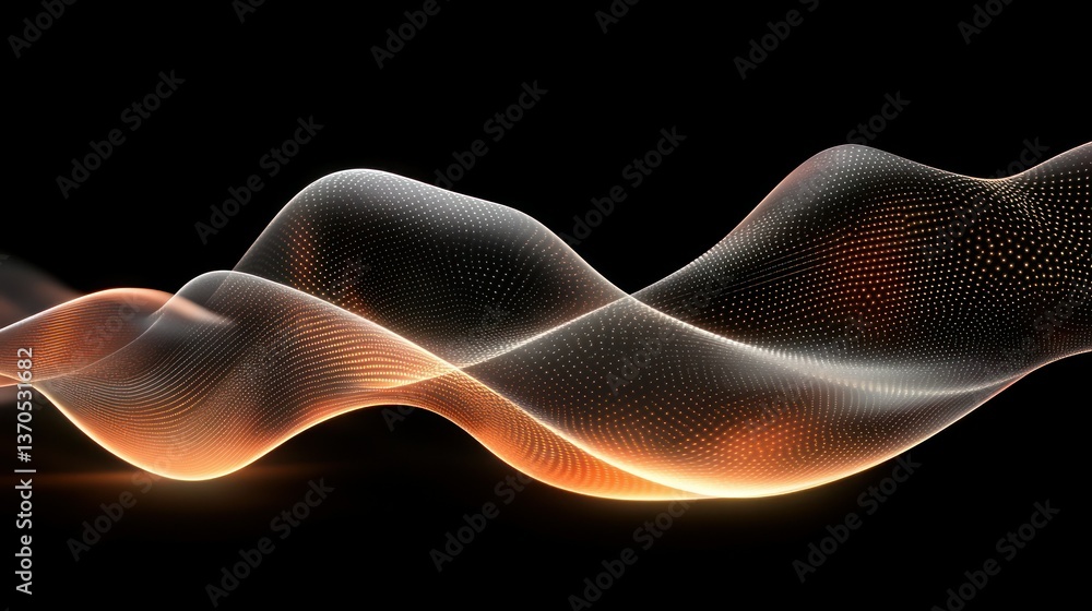 Poster Glowing waves of connected dots float on black background