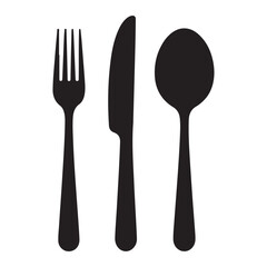 Set of fork, knife, spoon. Logotype menu. Set in flat style. Silhouette of cutlery. Vector Black illustration. with white background