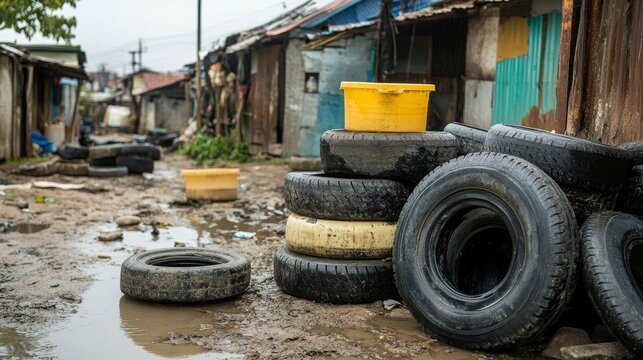 The presence of dengue vectors in discarded tires and artificial water containers in houses and peridomestic areas breeding grounds of mosquito , gnats, larvae in rain water 