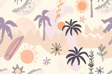 Seamless Hand-Drawn Palm Tree and Sun Summer Pattern Background Set

