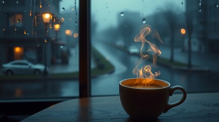 A cup of hot coffee in a rainy day