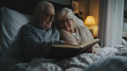 Senior Couple Reading Book in Bed at Night, Lovely Moment - Powered by Adobe