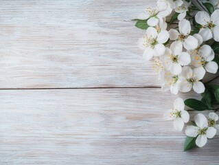 Wooden Surface with Faint Blossom Arrangement on Light Background