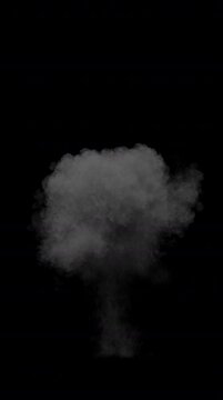 Realistic high resolution ground explosion rendering with fire and smoke plume. Full frame 3D animation fireball detonation and combustion on black background with alpha channel. Cgi vfx plate shot.
