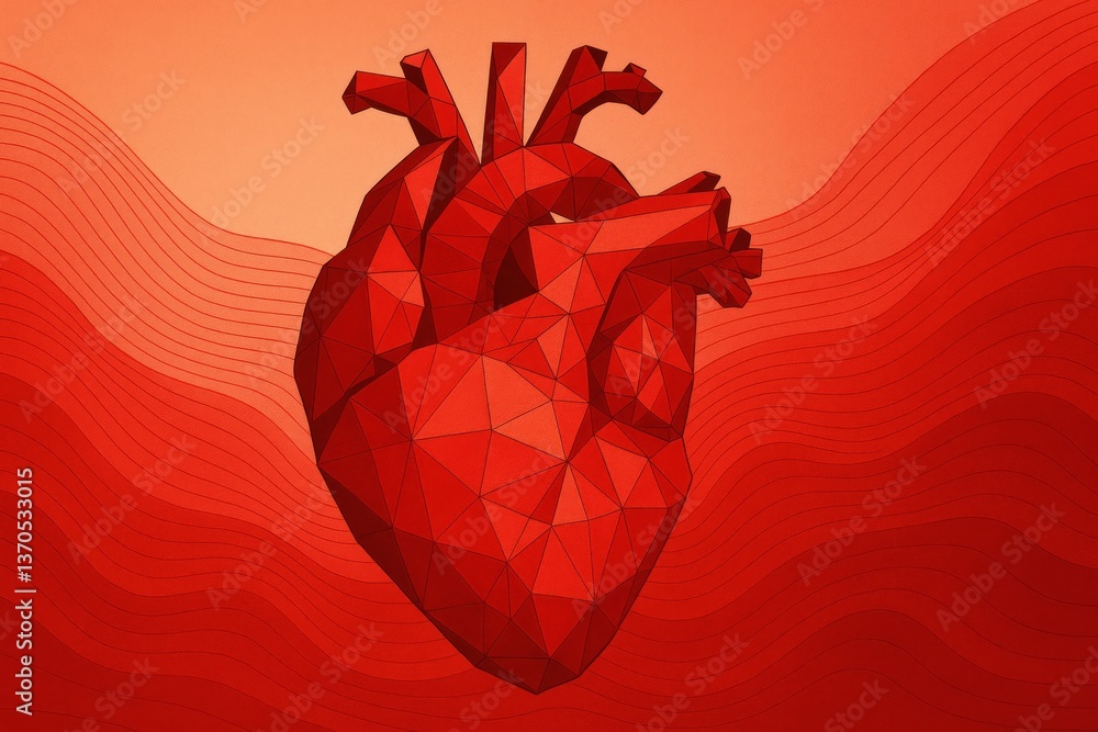 Poster a polygonal geometric heart with angular patterns on a dynamic red wavy background, exuding a modern