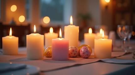 Calm candles illuminating Easter eggs on a dining table  