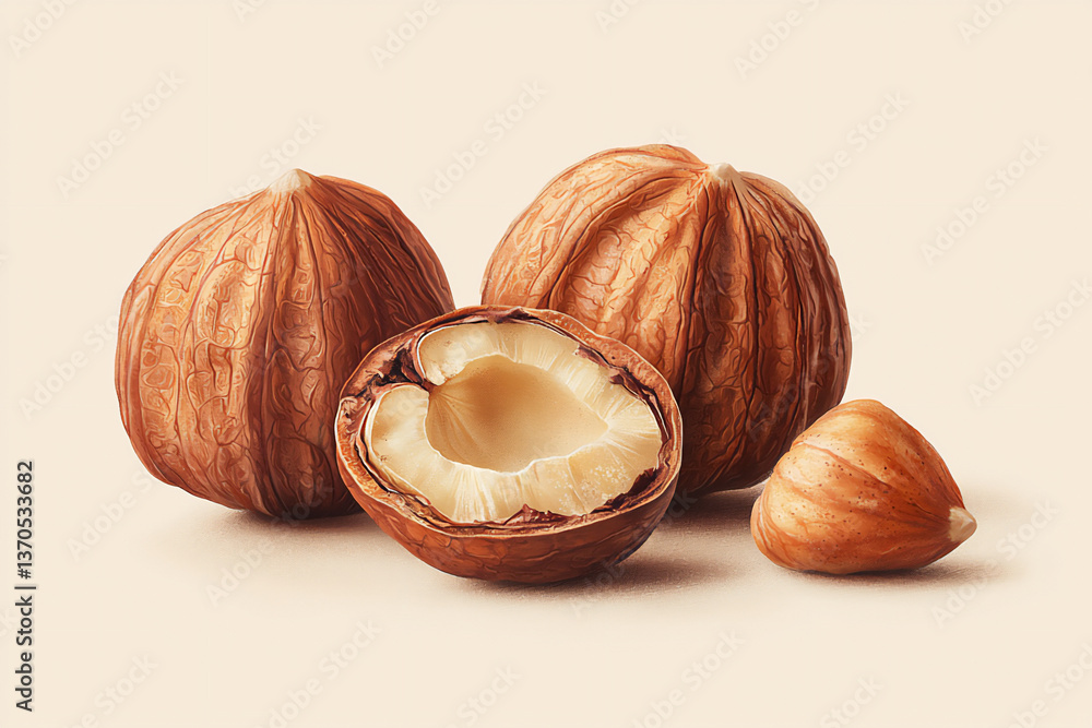 Poster a close-up illustration of a hazelnut with detailed rendering of its shell and kernel.