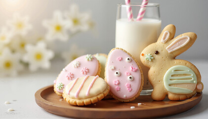 Easter-themed decorated cookies with milk and a bunny figurine  
