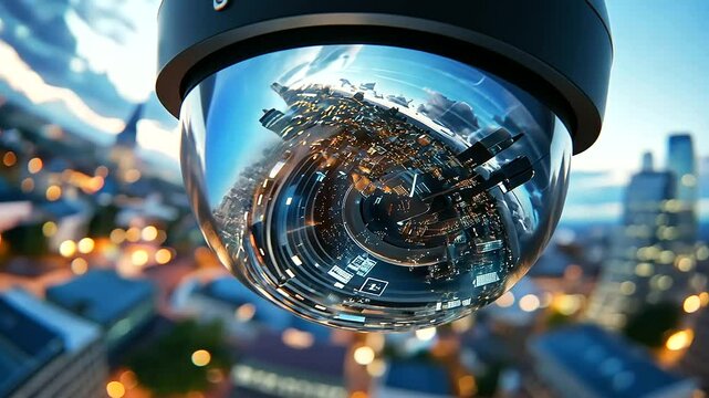 An advanced home surveillance camera with zoom lens fully extended, intricate internal components visible, reflecting blue skies and neighborhood rooftops
