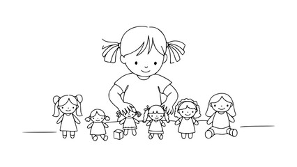 Fototapeta premium Doll Playing Pose Line Art: Capture Childhood Imagination with Minimalist Lines