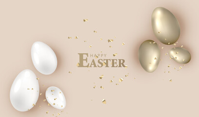 Easter Gold Card, white and golden eggs, holiday easter banner, mock up vector background