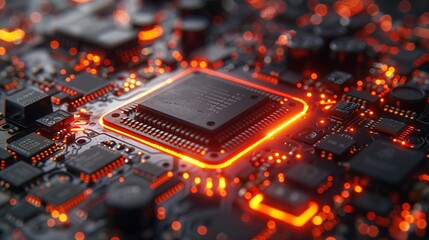 A Futuristic Circuit Board Illuminated by Fiery Red Lights, Symbolizing Innovation
