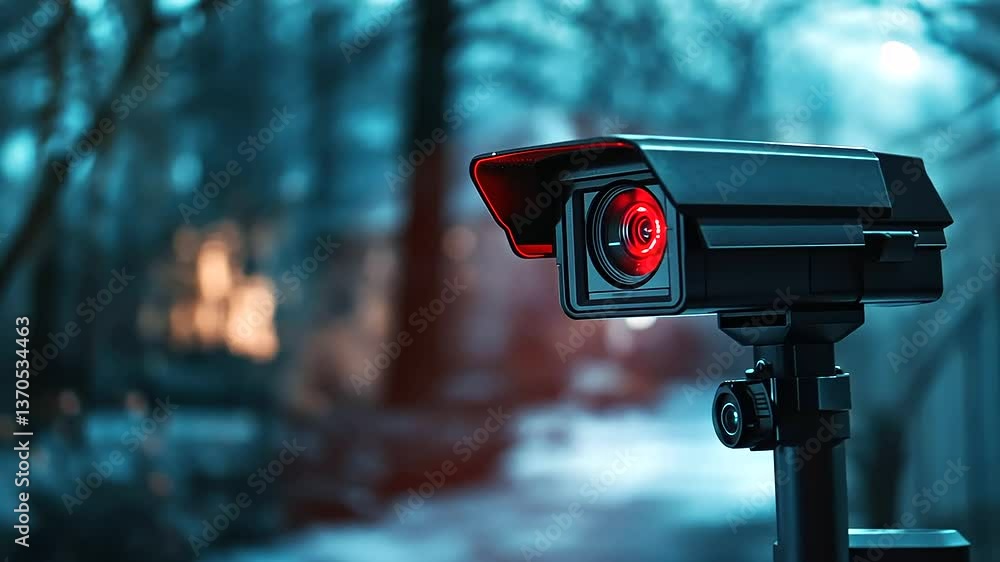 Poster high-resolution night vision camera close-up, infrared leds glowing red, dark environment with faint