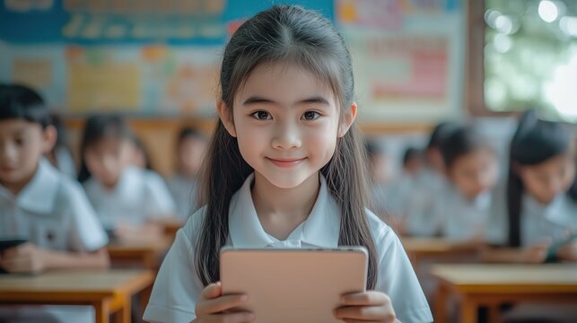 Traditional Thai Classroom with Students in Uniforms Using Tablets for Digital Learning: Thai Education and Technology Integration