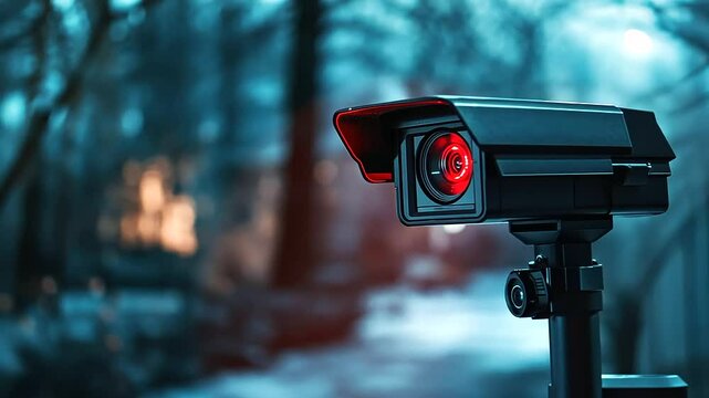 High-resolution night vision camera close-up, infrared LEDs glowing red, dark environment with faint outlines of trees and yard structures blurred in the background