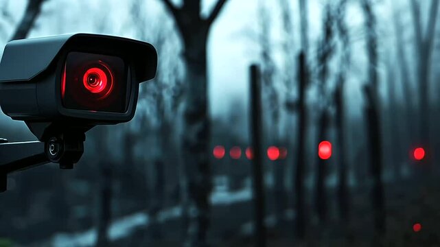 High-resolution night vision camera close-up, infrared LEDs glowing red, dark environment with faint outlines of trees and yard structures blurred in the background