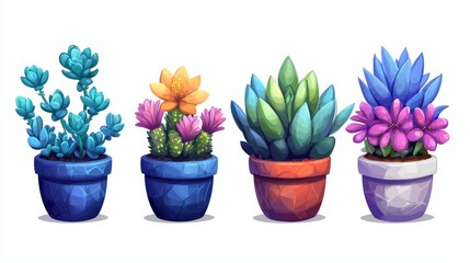 Obraz premium A variety of potted plants with distinct colorful designs symbolizing diversity in nature and creative decor