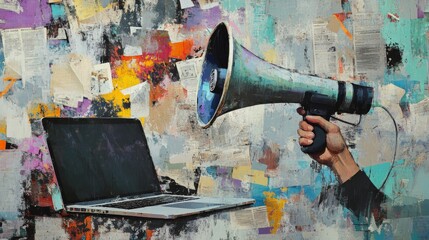 Trendy halftone collage with a laptop and a hand holding a loudspeaker. Torn newspaper, paper and scribbles on the background.