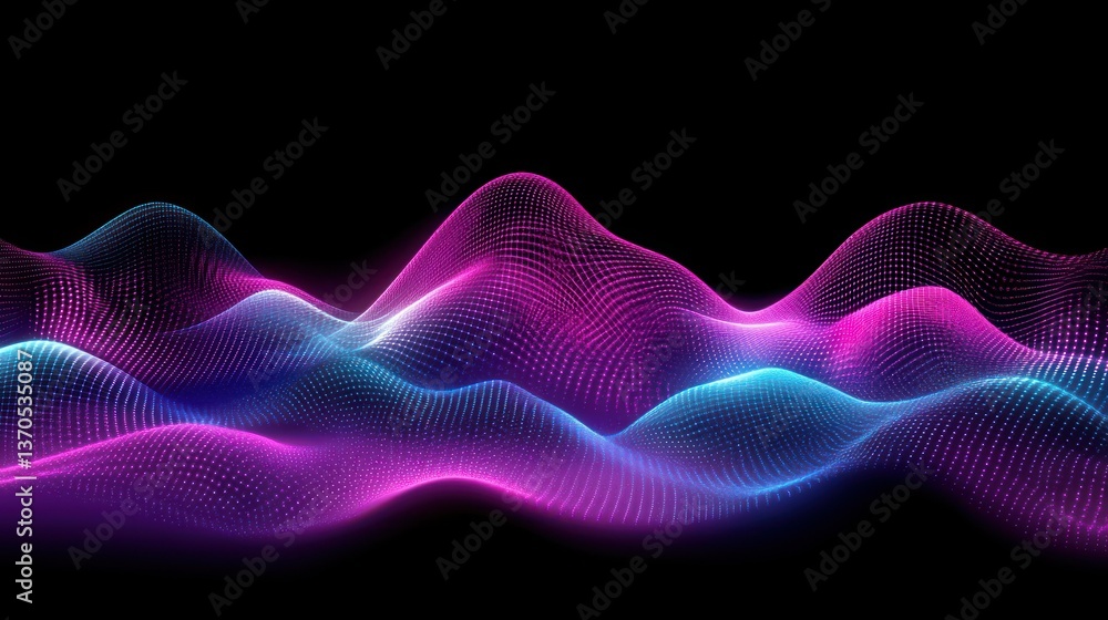 Poster abstract rendered wave shapes composed of glowing colorful dots
