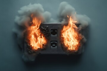 Close-Up of Burnt Wall Socket with Melted Plastic and Scorched Wires, Electrical Fire Damage, Sparks in Dark Background, Fire Hazard, Home Safety Risk, Wiring Failure, Power Outlet Damage