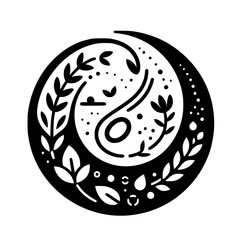 Yin Yang Nature Symbol, Minimalist Botanical Black & White Design