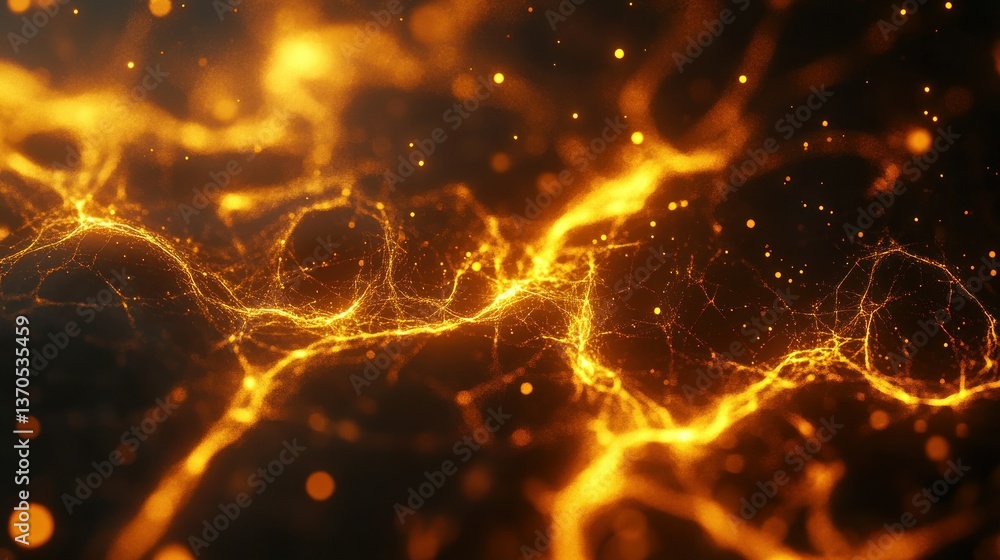 Poster abstract image displaying glowing golden lines and particles in a dark space
