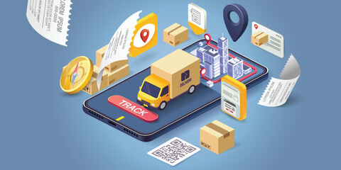 Illustration of online delivery service via mobile application. Online Order Tracking Home and office delivery service.City logistics. Warehouse, truck, forklift, courier, delivery man, on mobile.	