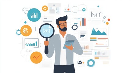 SEO Search Engine Optimization Concept. Businessman hold magnifying glass focuses highlighting SEO, surrounded by various digital marketing icons, representing search engine optimization strategies.