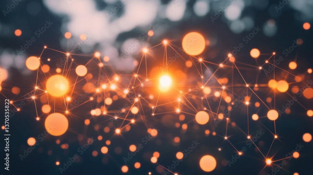 Poster bright orange interconnected network with multiple glowing nodes