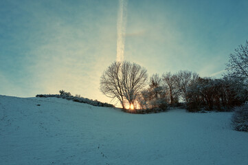 View of trees on the hill, blue cloudy sky and a warm sunlight