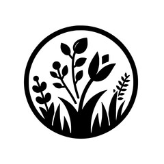 Black and White Botanical Circle Logo: Floral Nature Icon
