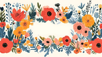A vibrant floral border design features red orange yellow and pink flowers leaves and stems on a creamy white background perfect for invitations or