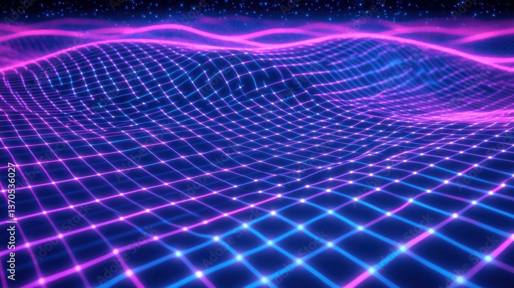 Poster abstract digital landscape displays grid lines with gradient color transitions