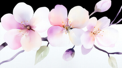 Obraz premium Beautiful cherry blossoms in soft pastel colors with delicate petals and green leaves on a contrasting background, floral design concept