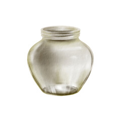 Empty low round glass clear jar without lid green shade watercolor isolated illustration. Jar for preserving fruits and vegetables in summer.Minimalist container for homemade jam, honey, or spices