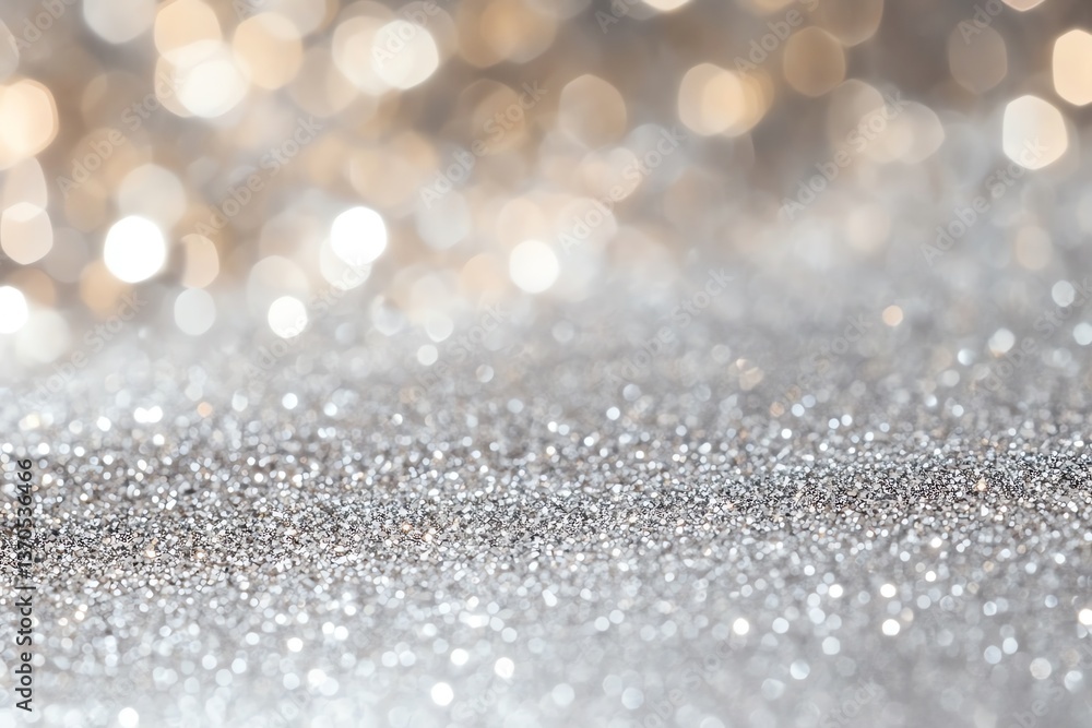 Poster shimmering silver glitter surface with bokeh lights background texture