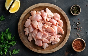 Mixed raw chicken parts for cooking on a rustic background