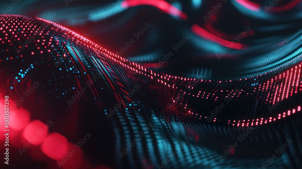 Poster abstract digital wavy forms with red and blue illuminated dots