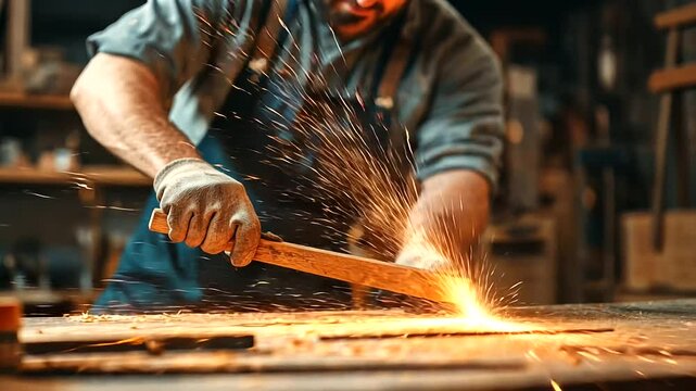 A dramatic workshop scene with the carpenter sharpening chisels on a whetstone, sparks flying, rows of neatly organized woodworking tools in the background