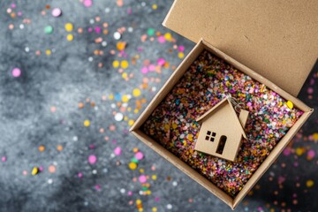 A housewarming gift consists of keys and a miniature home inside a box with colorful confetti, representing a new beginning and the celebration of homeownership on a textured surface