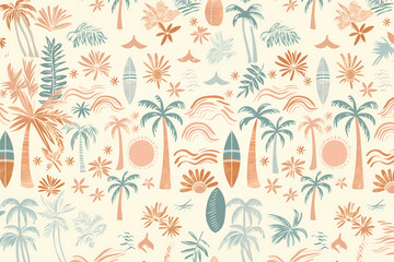 Fototapeta premium Seamless Hand-Drawn Palm Tree and Sun Summer Pattern Background Set