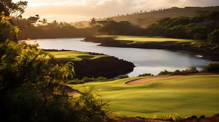 Scenic Golf Course by Ocean Water at Sunrise