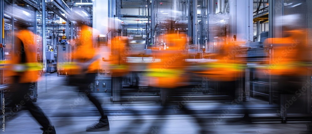 Poster workers in safety vests moving swiftly in a factory