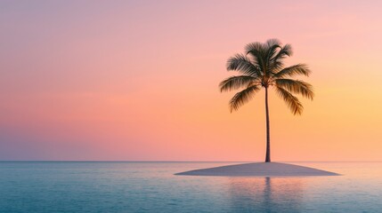Fototapeta premium Serene Desert Island with a Single Palm Tree at Sunset