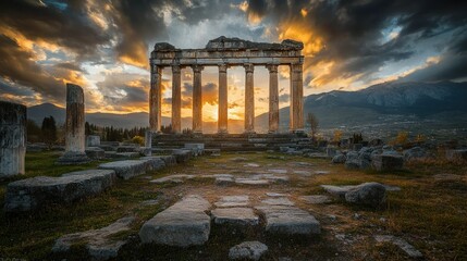 Naklejka premium Ancient ruined columns stand against a dramatic and beautiful sunset backdrop