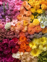 Beautiful gradient of real flowers showcases vibrant colors from pink to yellow in a stunning floral arrangement