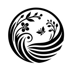 Black and White Floral Circle Design with Butterfly, Nature-Inspired